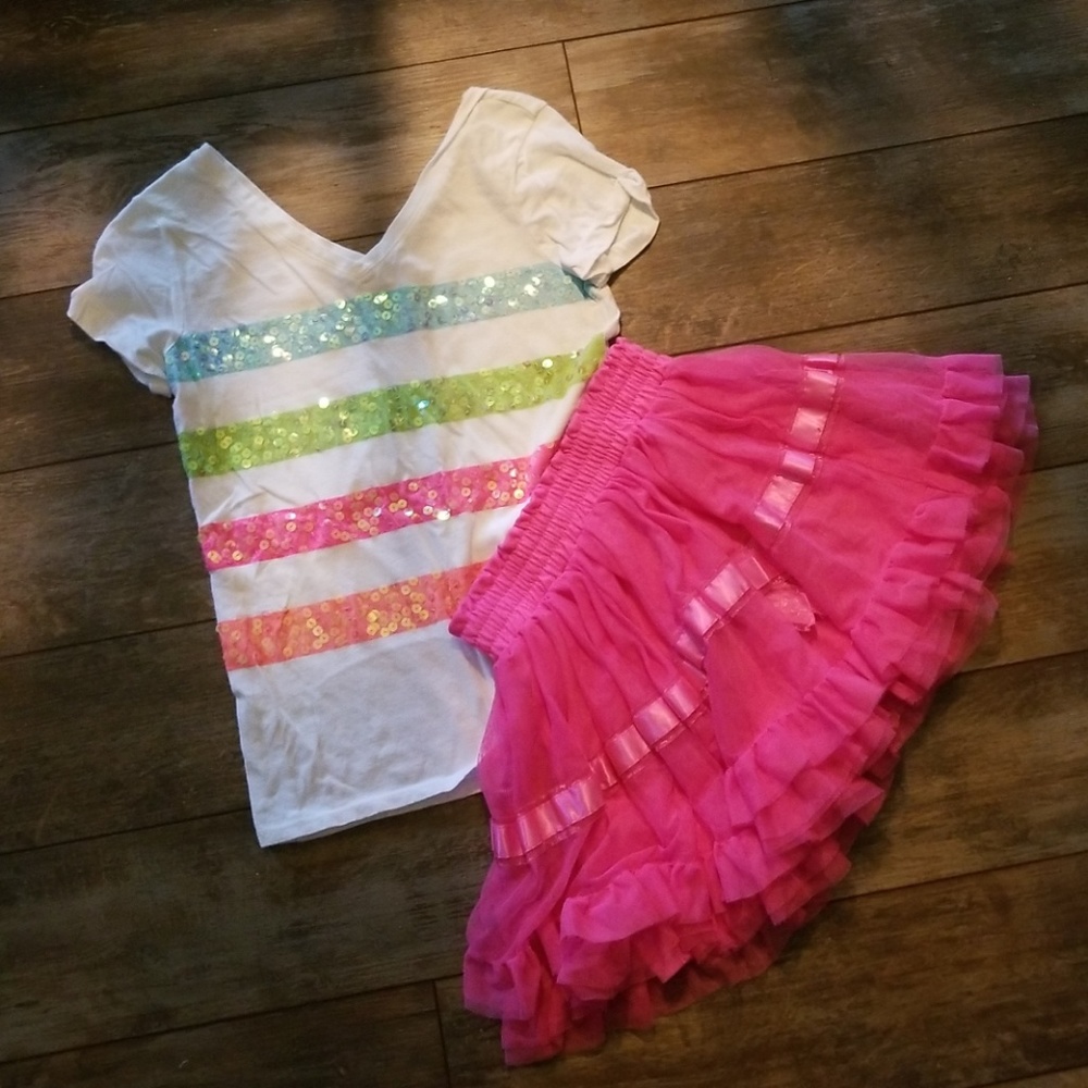Outfit- old navy shirt 10/12 and pink skirt